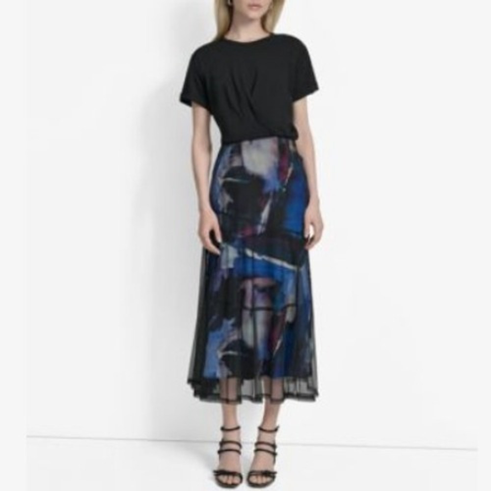 DKNY Black & Blue Brush Stroke Mixed Media Mesh Overlay Midi Dress Size XL NEW